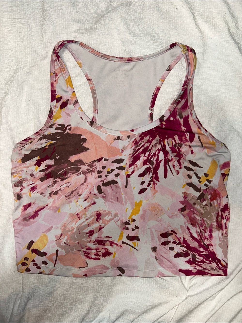 Calvin Klein Performance Pink Floral Racerback Sports Bra with Yellow Accents